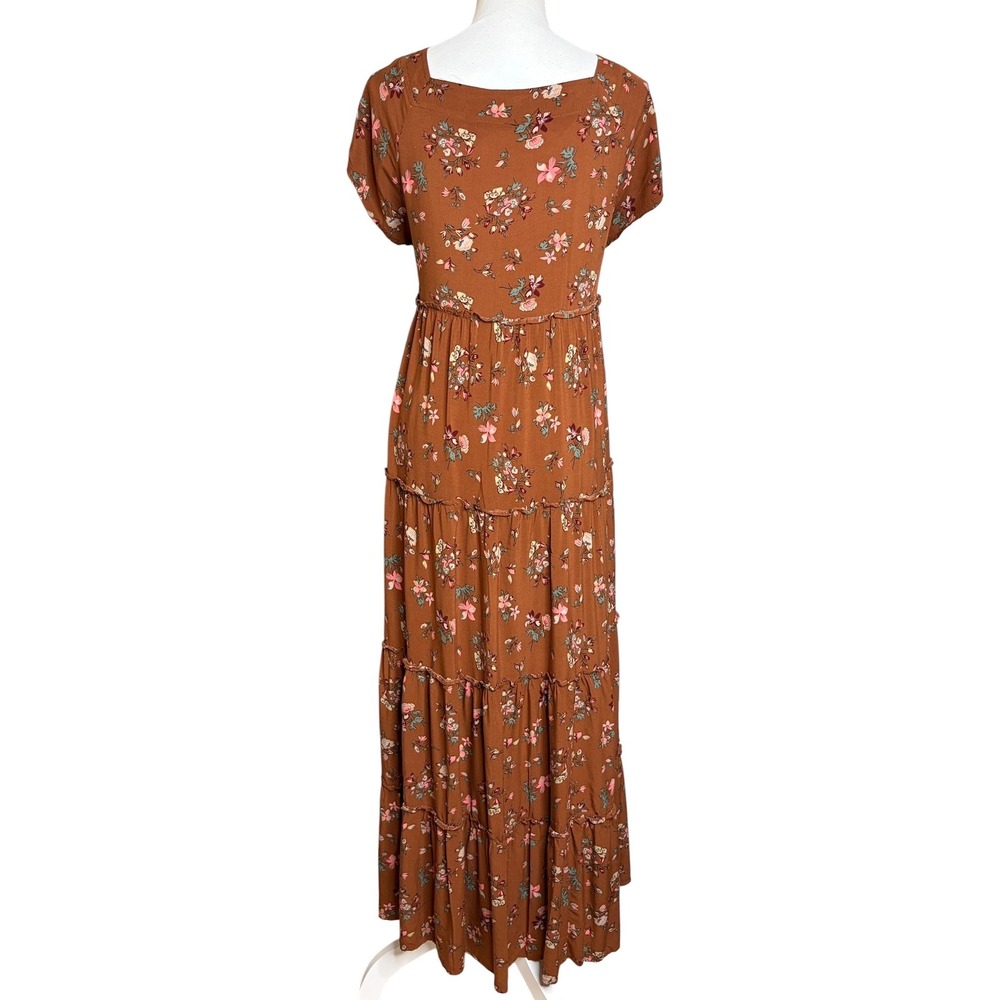 Natural Life Berkley Brown Floral Tiered Maxi Dress L Boho Cottagecore Travel - Picture 4 of 8